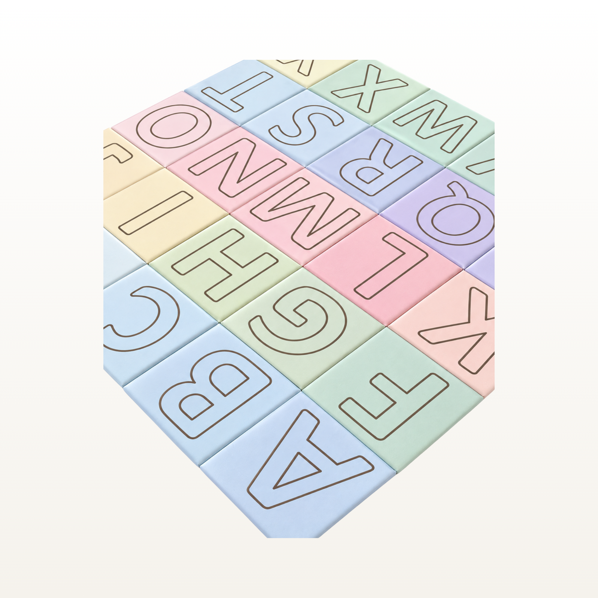 A set of pastel alphabet tiles arranged in a hexagonal grid, featuring raised uppercase letters from A to Z in soft pastel shades of blue, green, pink, yellow, and purple on a clean white background.