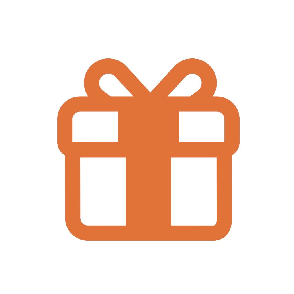 A flat orange gift box icon with a bow on a plain white background.