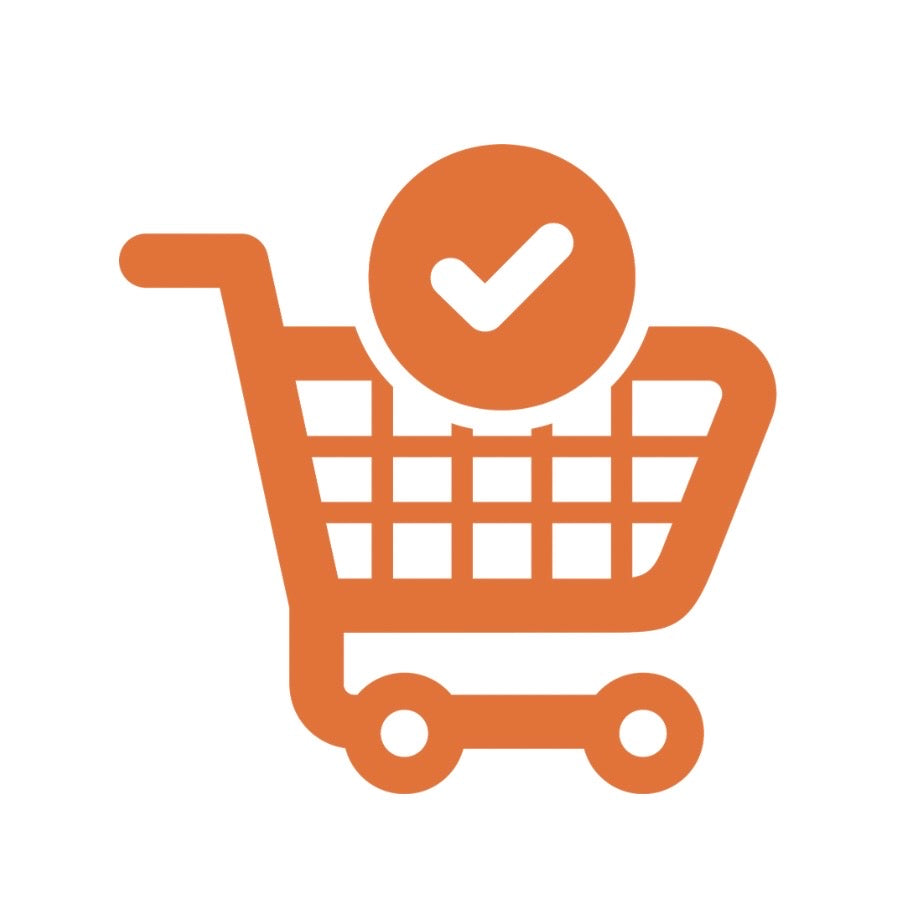 An orange shopping cart icon with a circular checkmark overlay on a plain white background.