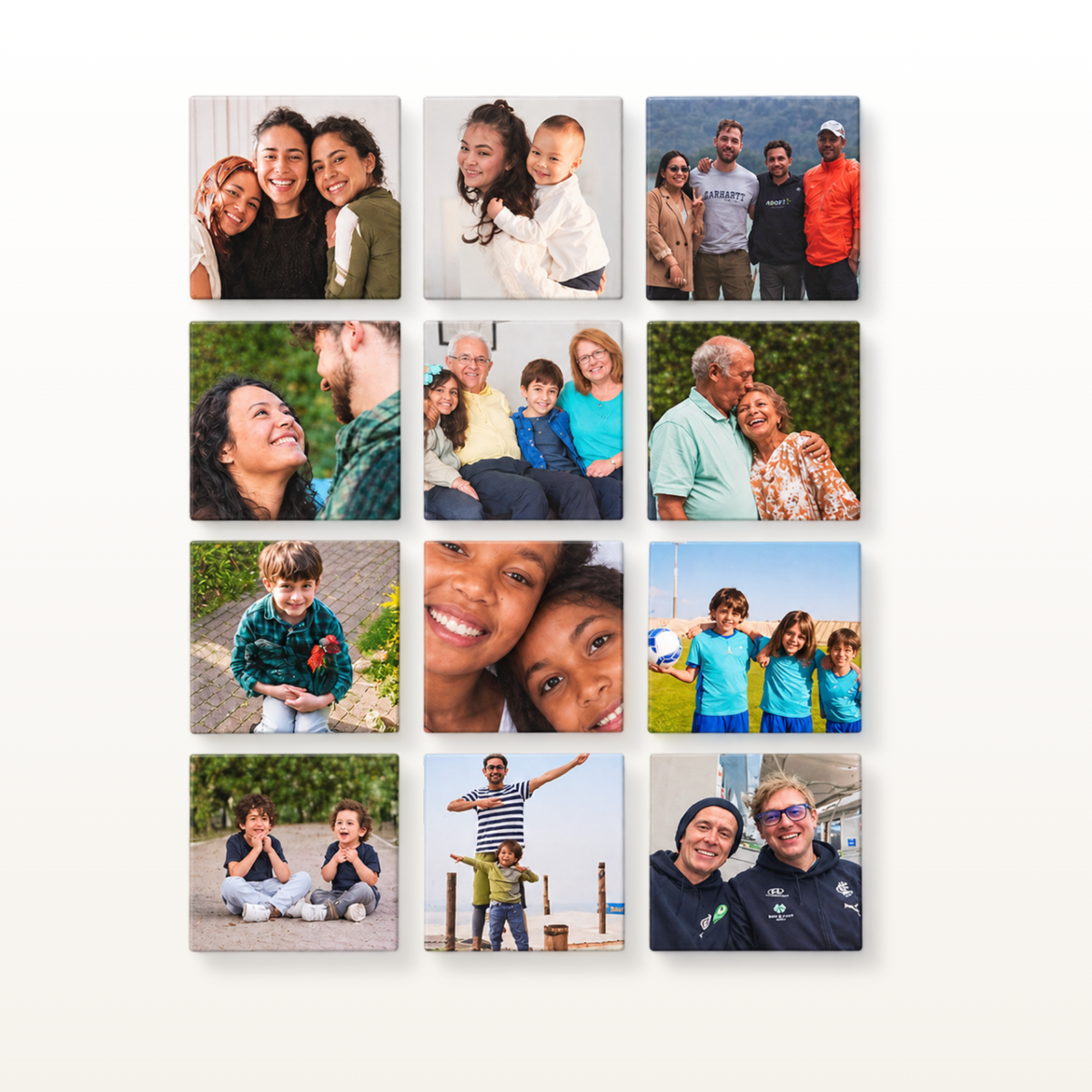 A 3x4 grid of 12 custom square portrait photos displayed on a light beige wall, showing diverse families, couples, and children in various outdoor and indoor settings.